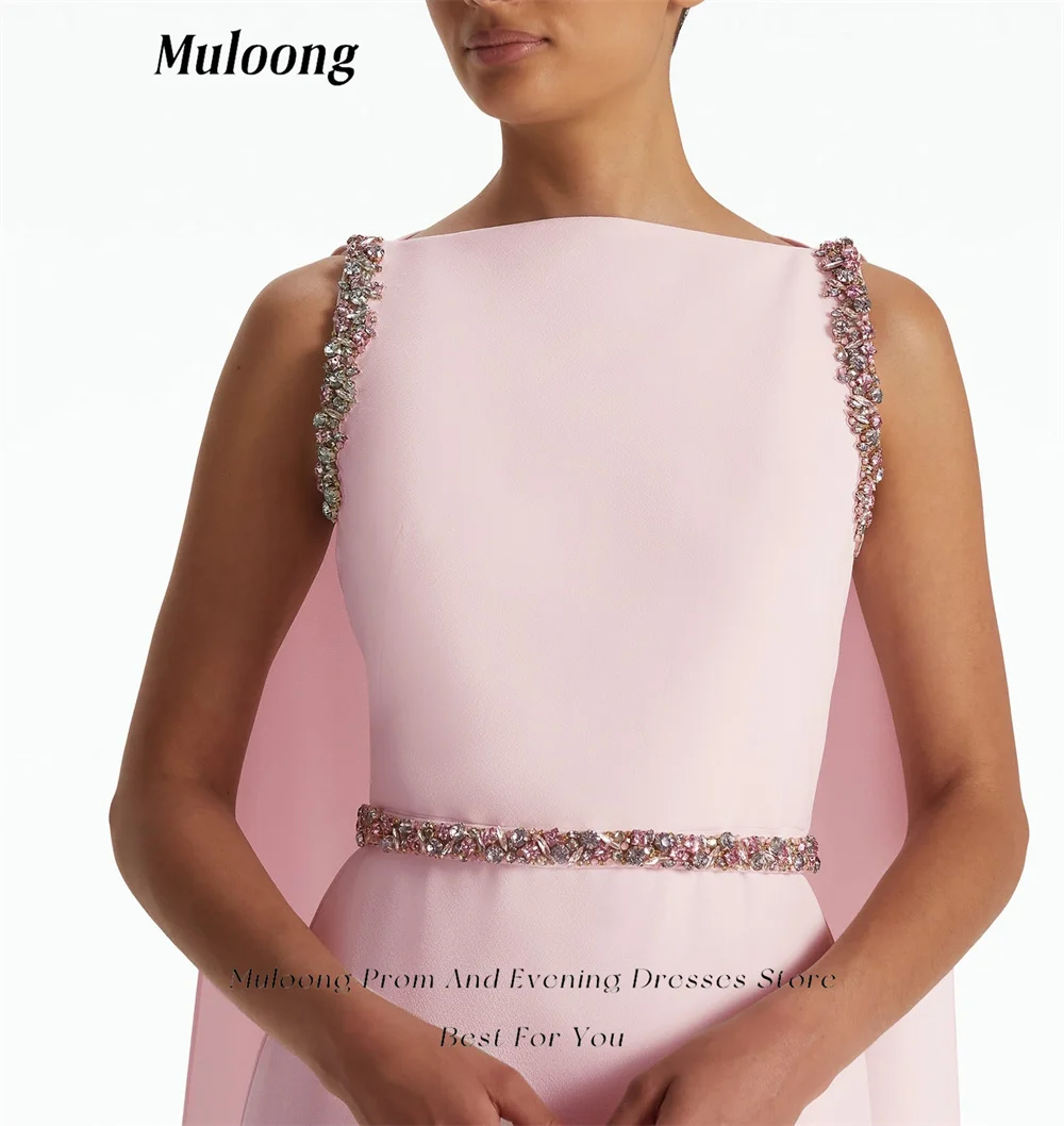 Muloong Barely Pink Floor Length Gown with Split Cape Party Dresses Crystal Belt Evening Dress Straight Neck Haute Couture Dress