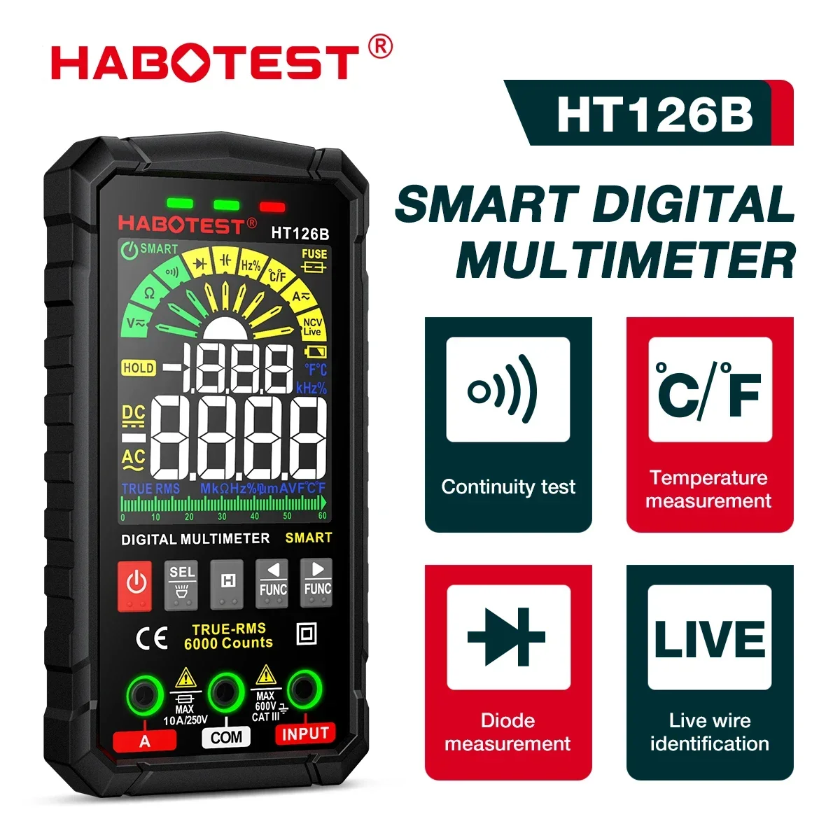 HABOTEST HT126 Digital Multimeter Auto Range DMM Voltmeter True RMS AC DC NCV 600V Voltage Meter 6000 Counts Smart Multitester