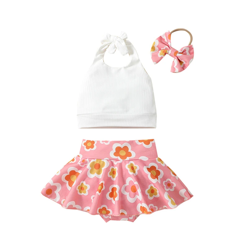 

Kids Girls Shorts Set Lacing Halterneck Backless Vest with Flower Print Skort and Hairband