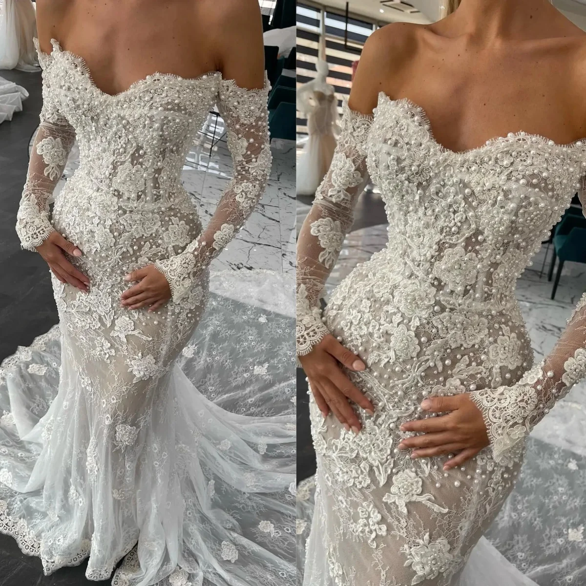 Vestido de novia de lujo con lentejuelas y perlas, vestido de noche formal de manga larga con hombros descubiertos, vestido de novia de sirena con trapeador de encaje