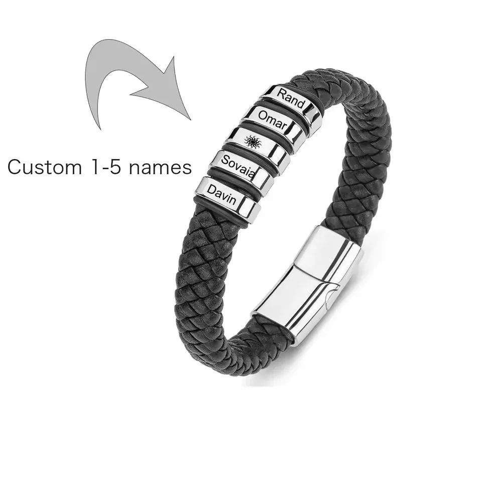 

Dascusto Personalized Name Bracelet For Men Custom Engraved Bracelet For boyfriend Genuine Leather Jewelry Valentine's Day Gifts