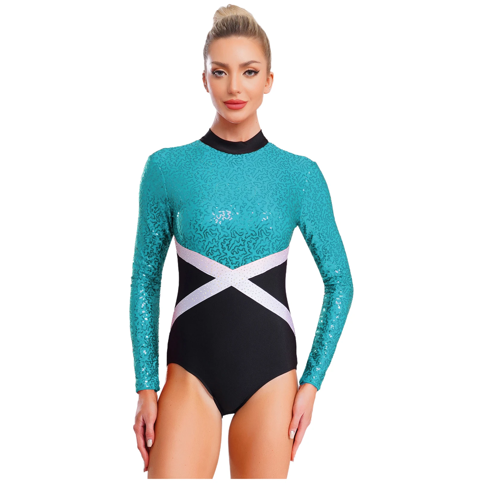 

Women Glittery Sequin Gymnastic Leotard Costume Ballet Dance Long Sleeve Contrast Color One-piece Bodysuit for Figure Skating