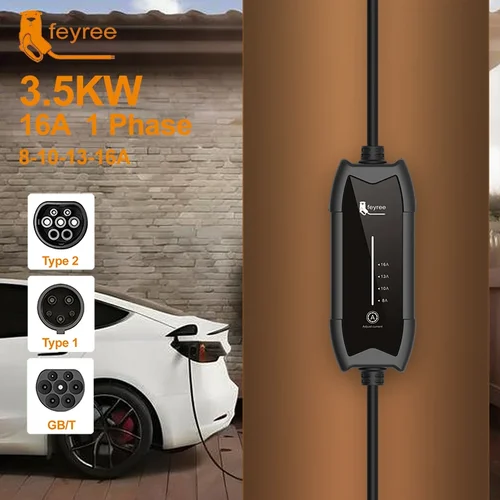 feyree EV 充電器 Type2 16A 3.5KW 1 相 GB/T / Type1 電流調整可能 3.5 メートルケーブルポータブル充電ボックス電気自動車用