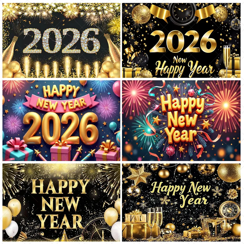 

Black Gold New Year Background Banner Glitter 2026 Happy New Year Backdrop Supplies Balloons New Year Party Decoration Gifts