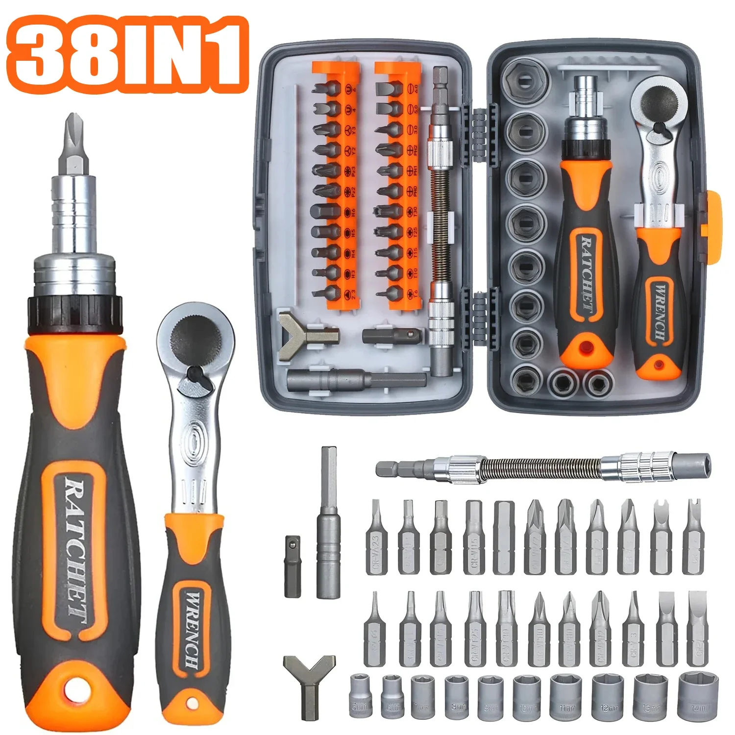 38 IN 1 Ratchet Screwdriver Sleeve Combination Professional Maintenance Tool Locomotive Bicycle Quick Maintenance Manual Tool