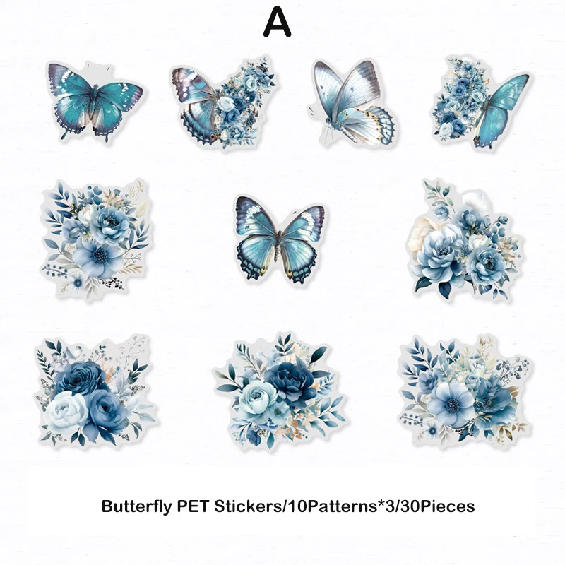 Journamm 30pcs/pack Butterfly Flowers Stickers DIY Scrapbooking Supplies Art Collage Junk Journal PET Decor Sticker Stationery