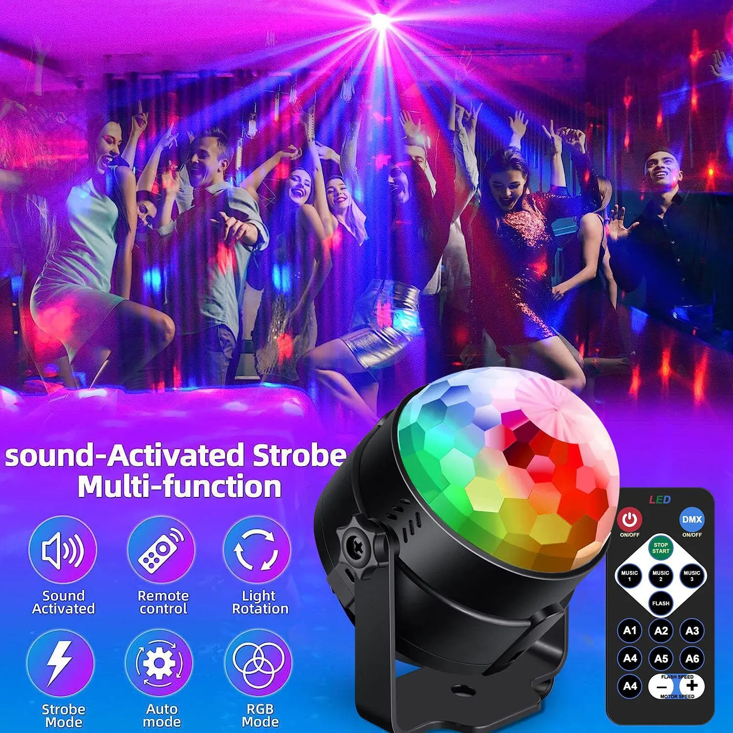 Bola de discoteca giratoria activada por sonido RC, luz de fiesta de DJ, lámpara de Proyector láser de escenario RGB LED de 6W para Navidad, luces de fiesta de boda