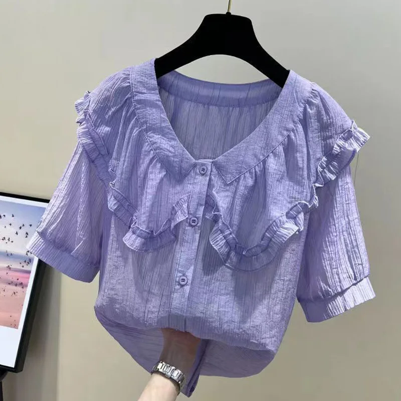 Sweet Peter Pan Collar Spliced Loose Ruffles Shirt Female Clothing 2023 Summer New Casual Tops Solid Color Office Lady Blouse