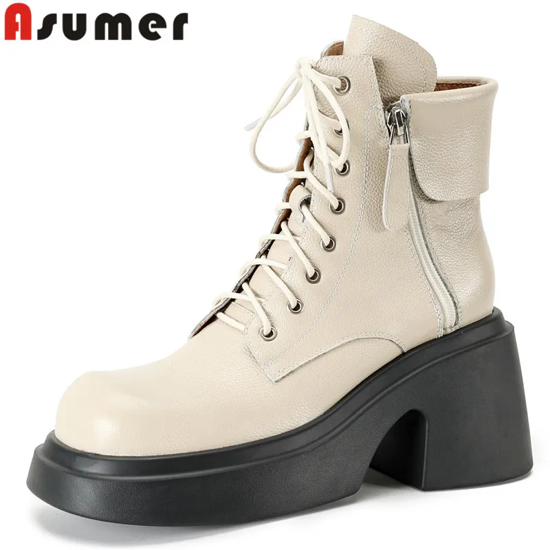 

ASUMER 2024 New Genuine Leather Narrow Band Platform Boots Square High Heels Winter Boots Fashion Ladies Zipper Ankle Boots