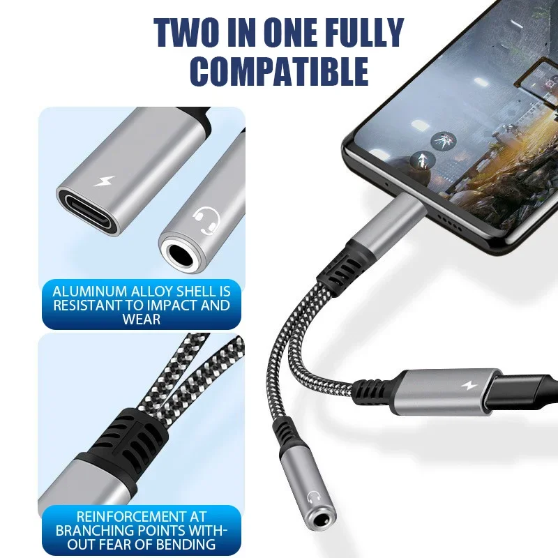 2 In 1 USB Type C To 3.5mm Headphone Jack Adapter Type C Charge Audio Aux Adaptor for Ipad Pro Samsung S22 Note 20Huawei Xiaomi