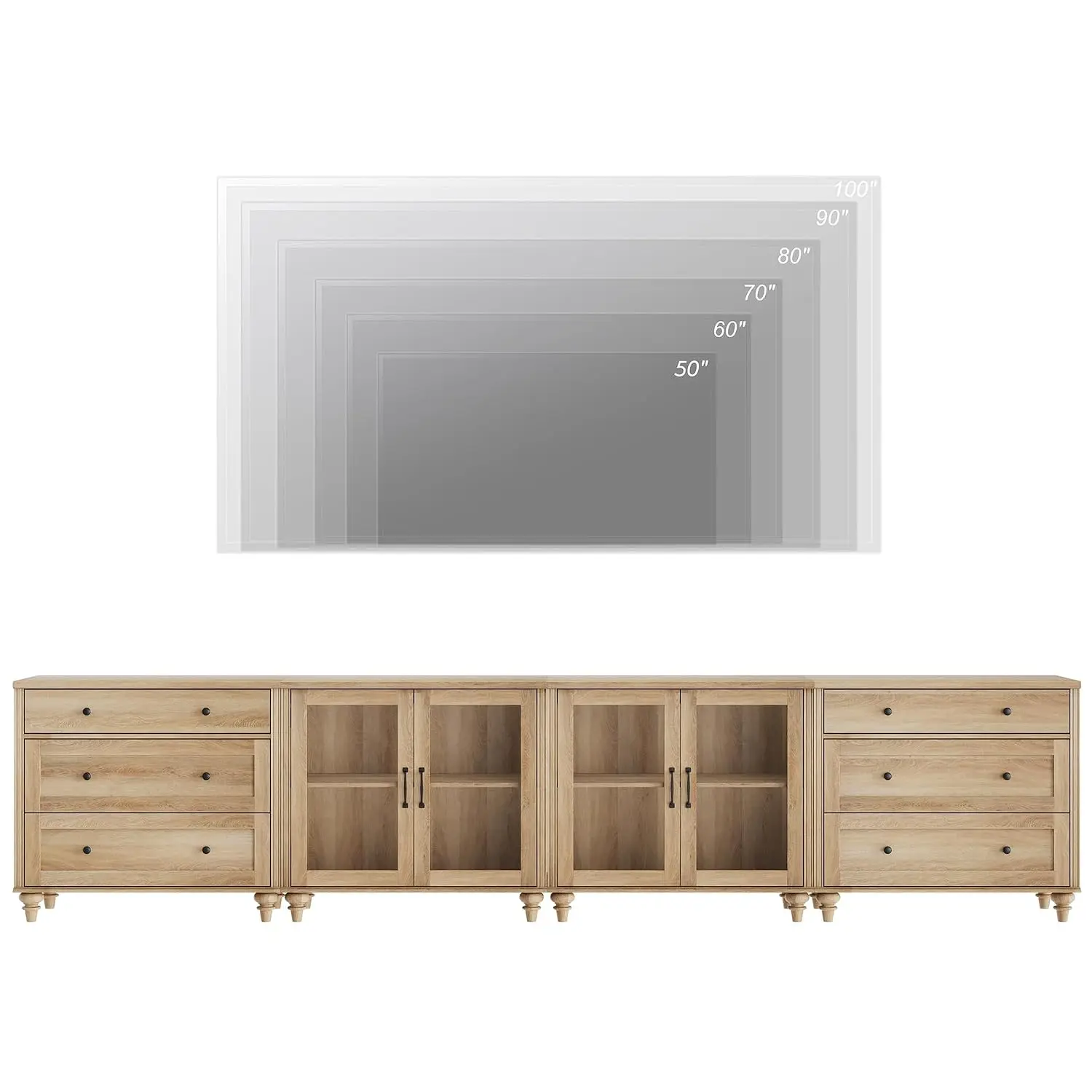 Modern TV Stand Entertainment Center Media Console Storage Cabinets Glass Doors 6 Drawers Living Room 110 Inch Oak, Customized