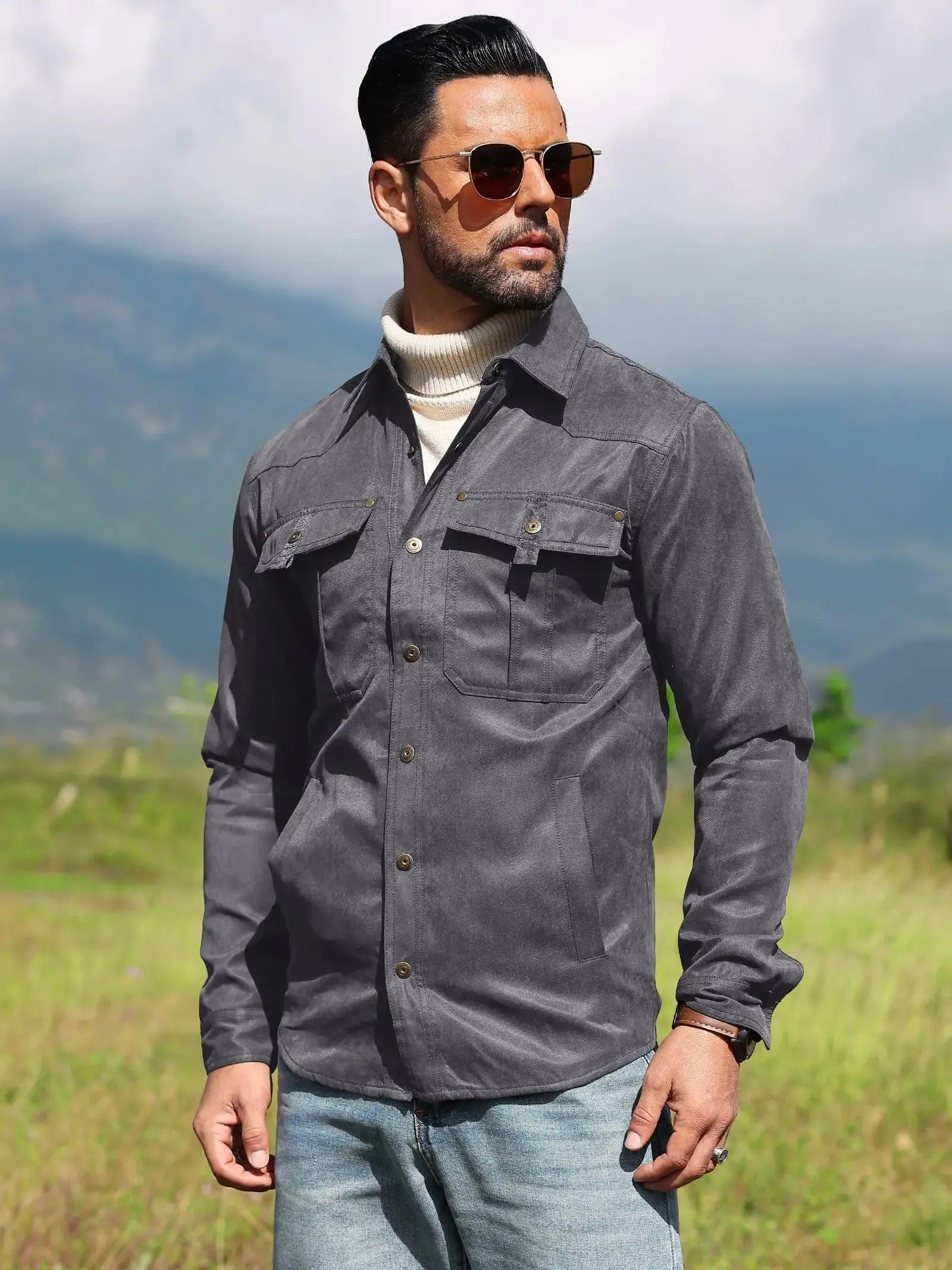 Herenjassen Lente Flanel Gevoerd Overhemd Jas Shacket Casual Drukknoop Overshirt Western Cowboy Stijl Hoge Kwaliteit Top Amerikaanse Maat - afbeelding 2