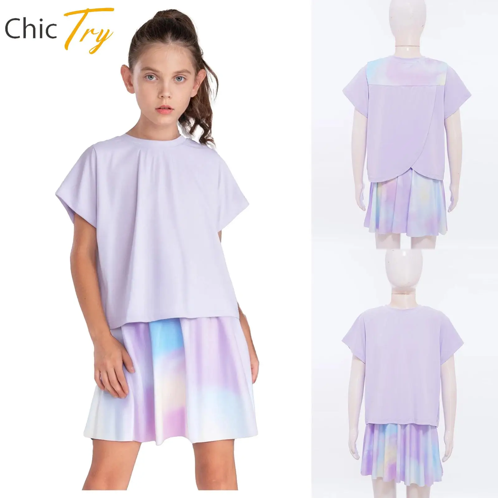

Kids Breathable Sports Set for Girls Quick-Drying Badminton Tennis Outfit Short Sleeve Wrap Back T-shirt+Tie-Dye Skirt Outfits