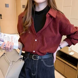Lucyever Vintage Wine Red Blouses Women Fashion Patchwork Fake Two Piece Corduroy Shirt Korean Chic Turndown Collar Blusas Tops