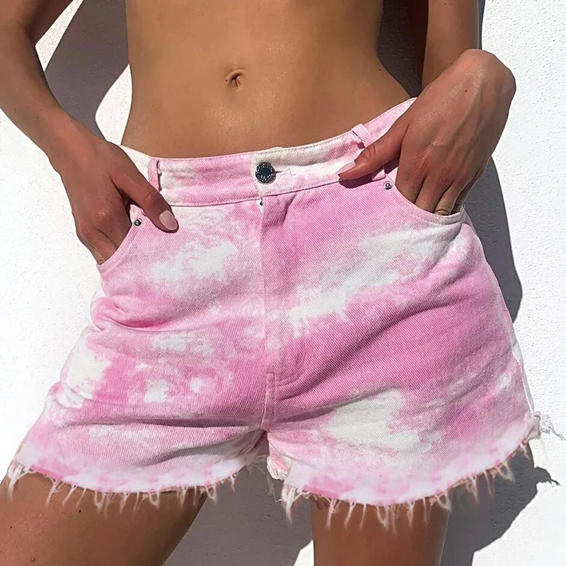 

Pink Tie-dye Spring and Summer New Fashion Sexy Stretch Casual Personality Ripped Fringed Ladies Denim Shorts Women's Clothing