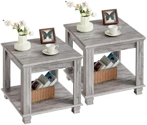 

Farmhouse End Table Set of 2, 2-Tier Storage, Rustic Gray Square Tea Table