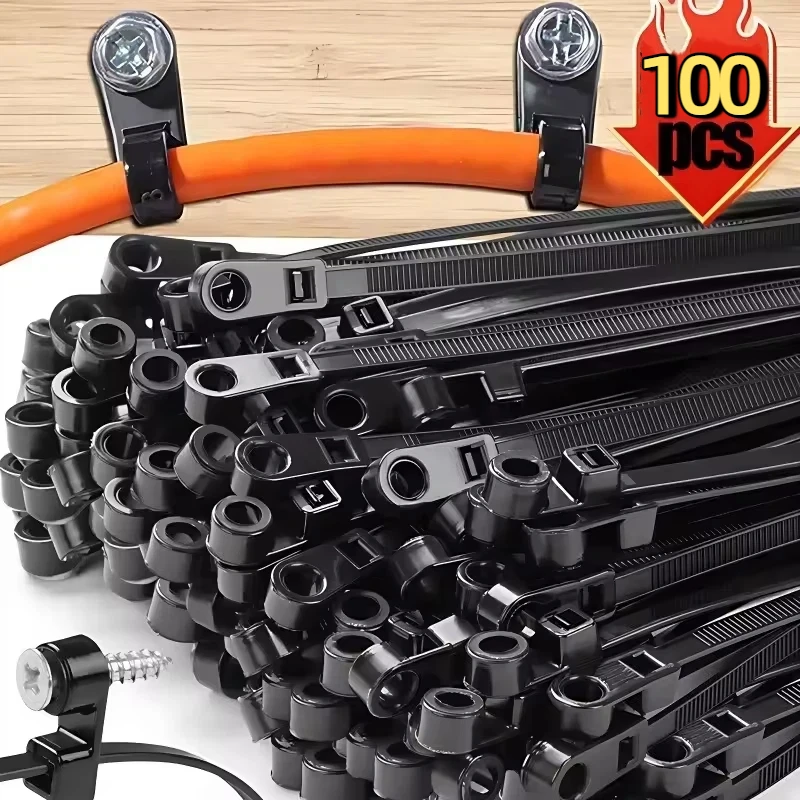 100PCS Screw Hole Cable Ties Reusable Fixed Nylon Cable Ties Self-locking Cord Ties Straps Fastening Loop Office Organizer New