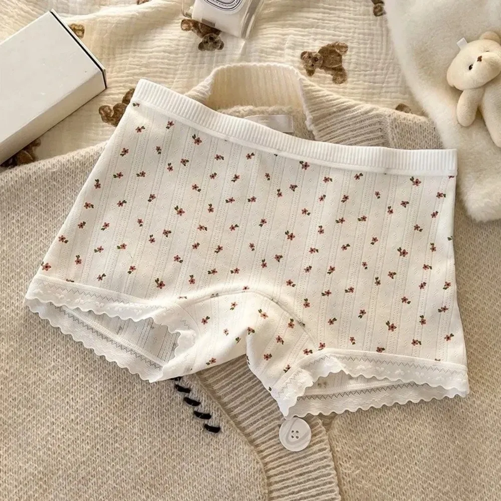 Comfortable Mid Waist Lace Safety Pants Underwear Anti-exposure Sweet Floral Shorts Lingerie Cotton Flower Panties Women Girls