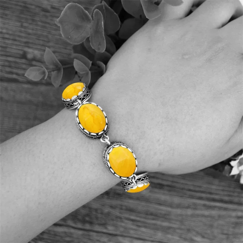 Oval Simulated Beeswax Color Resin Strand Bracelets For Women Flower Bead Vintage Antique Silver Plated Fashion Jewelry TB293