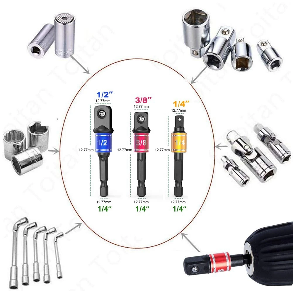 Impact Grade Power Hand Tools Driver Sockets Adapter Extension Set, 3Pcs Hex Shank Drill Nut Driver Bit Set + 105 Degree Right