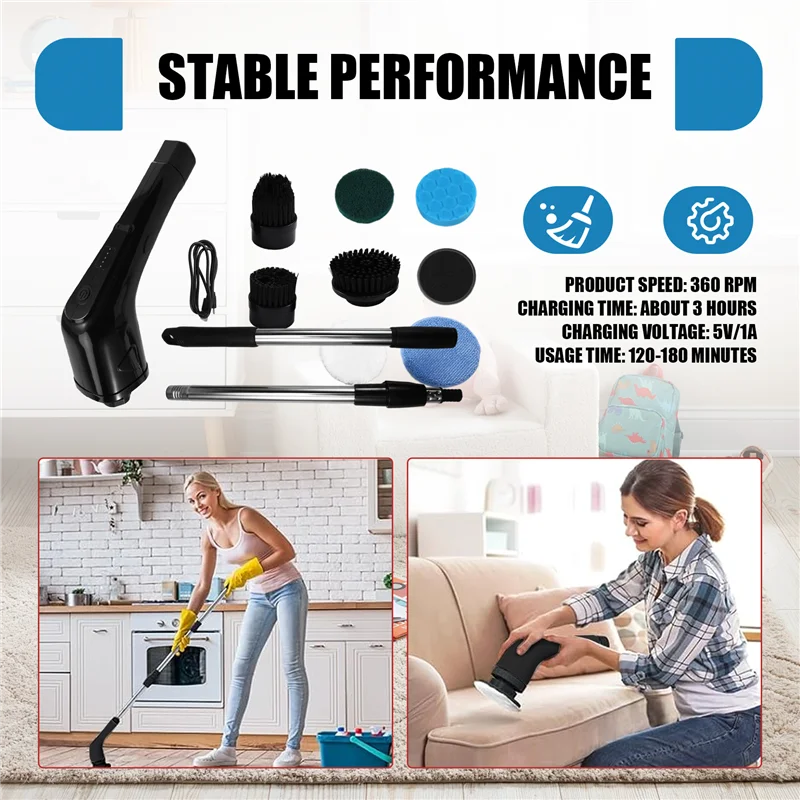 

Electric Cleaning Scrubber Cordless Powerful Scrub Brush With Adjustable Extension Long Handle Replaceable Brush Heads-A54Q