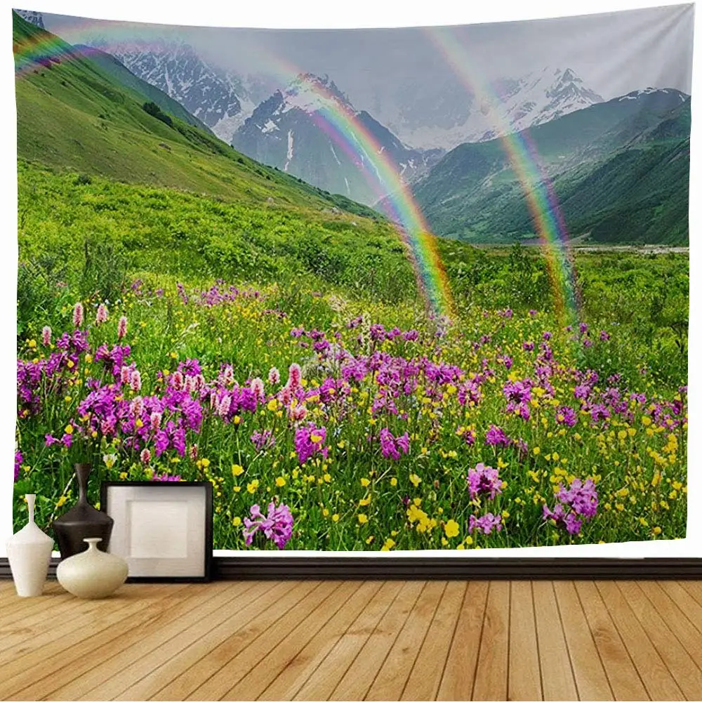 Natural Landscape Tapestry Spring Sunshine Rainbow Floral Meadow Tapestry Wall Hanging Art for Living Room Bedroom Dorm Decor