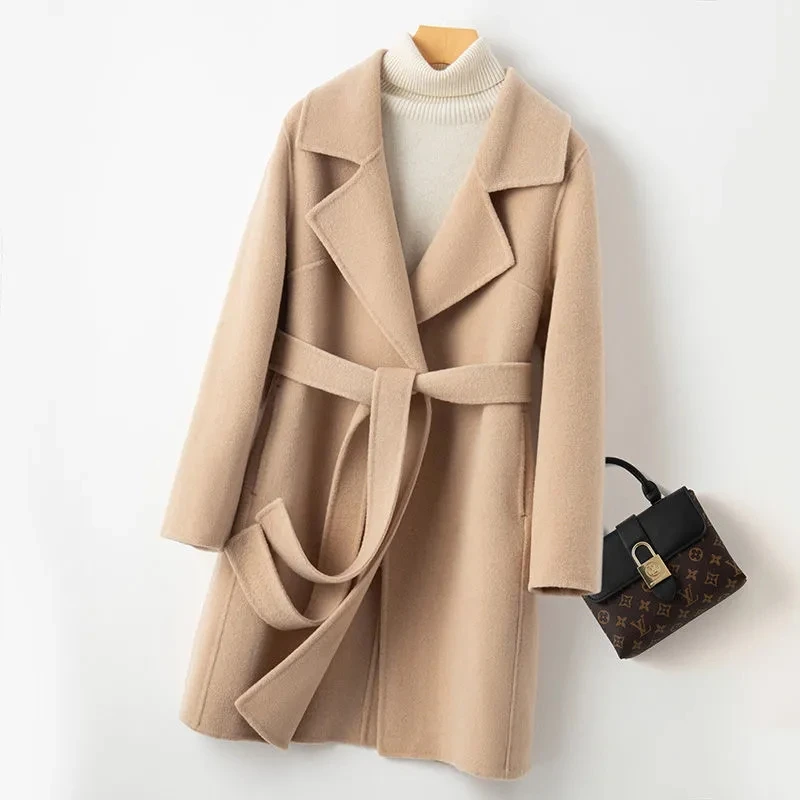 

2023 Autumn Winter New Fashion Casual Mid length Suit Collar Wool Coat Women Solid color lace up Woolen cloth Womens