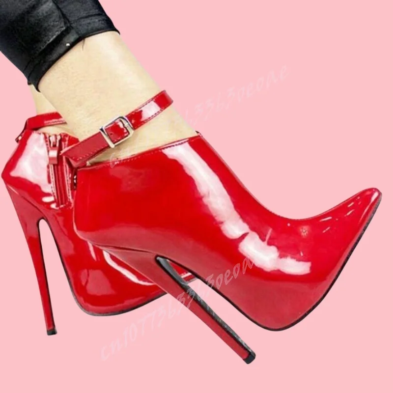 Zapatos de charol con correa en el tobillo Para mujer, calzado de tacón alto, puntiagudos, decoración con cerradura roja, 2024