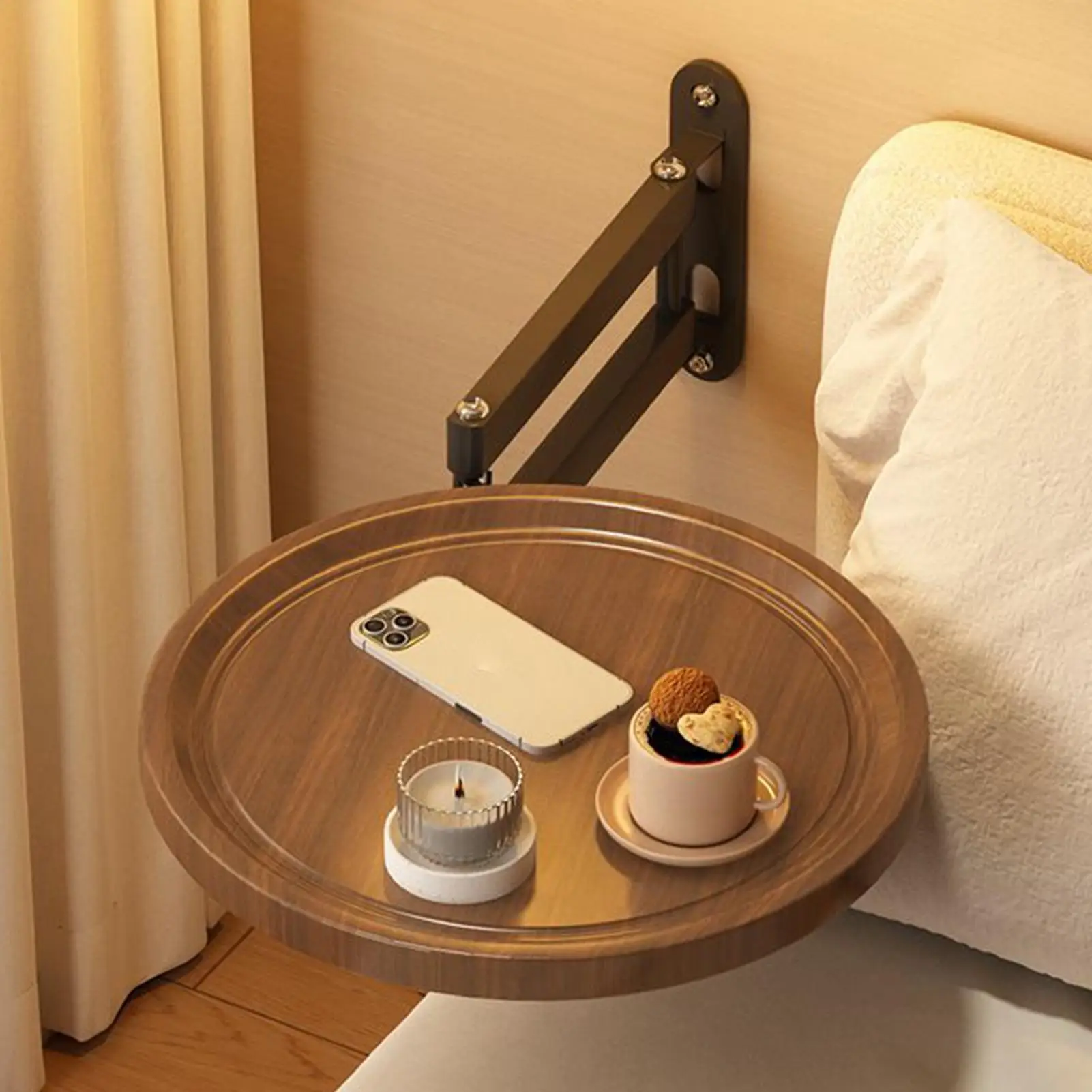 Folding Wall Table For Bed Retractable Wall-Mounted Desk Small Round Desk Wall Mounted tray Rotatable Bedside Storage Holder