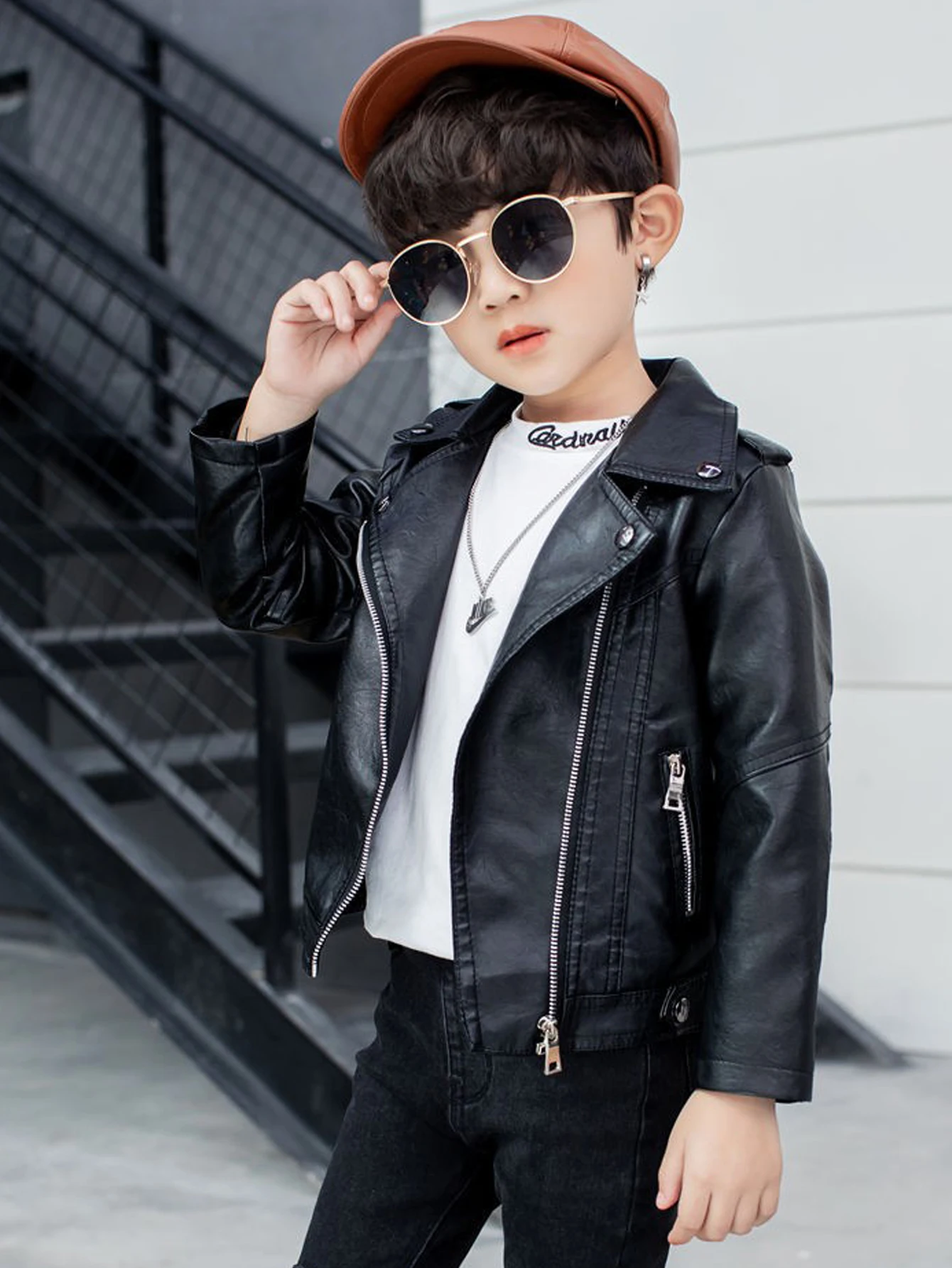 Children's Clothing Boys' Lapel Pu Leather Jacket Kids' Spring and Autumn Stylish Biker Pu Leather Jacket for Older Kids