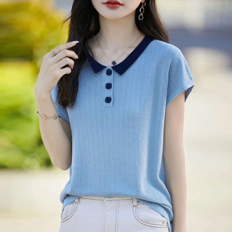Sommer frauen Gestrickte T-shirt Mode Lyocell Kurzarm Casual Spleißen Tees Kragen Tops Lose Geometrie Bluse