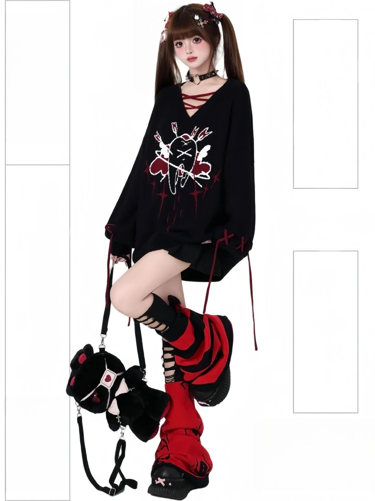 Sottocultura dolce scollo a V casual allentato top pullover maglione manica lunga autunno inverno donna Harajuku Grunge anni 2000 Y2k femminile