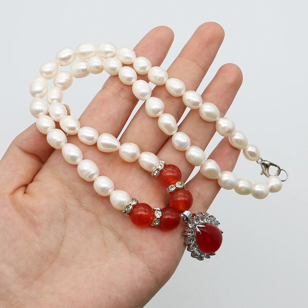 White Rice Pearl Beaded Necklace with Teardrop-shaped Agate Pendant 8-9mm High-quality Collarbone Chain Women's Jewelry Gifts