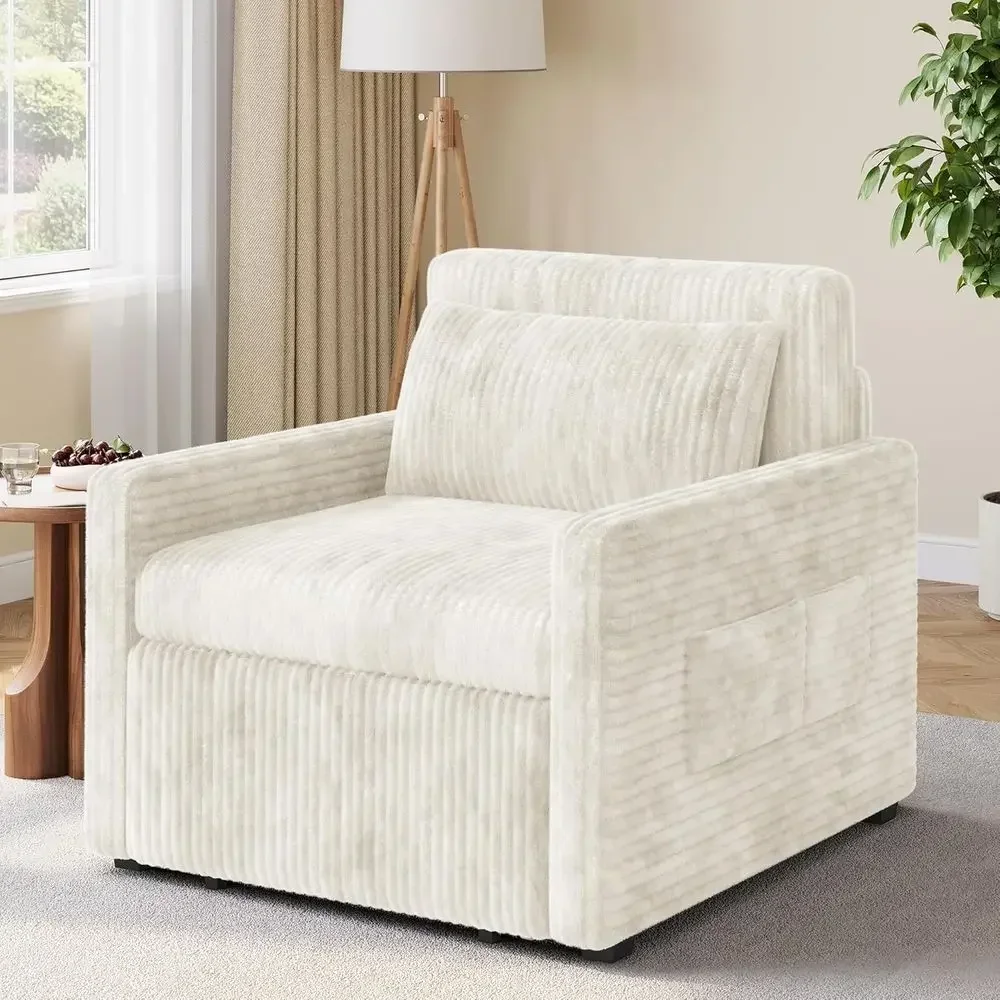 3-in-1 Corduroy Sleeper Chair with Pull-Out Bed, Multifunctional Sofa for Adults, Side Pockets, Ideal for Small Spaces, Beige