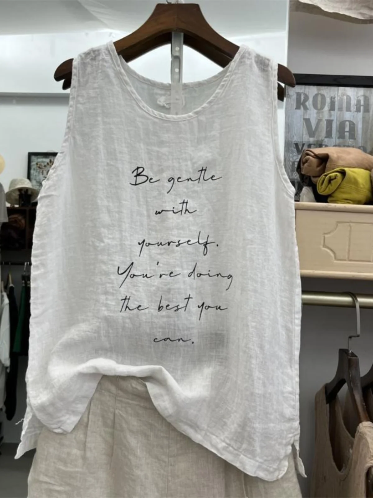 เสื้อกล้ามผ้าลินินผสมคอตตอนทรงหลวม พิมพ์ลาย สไตล์ลำลอง ใส่สบาย เหมาะสำหรับฤดูร้อน ไซส์เล็ก สำหรับผู้หญิง