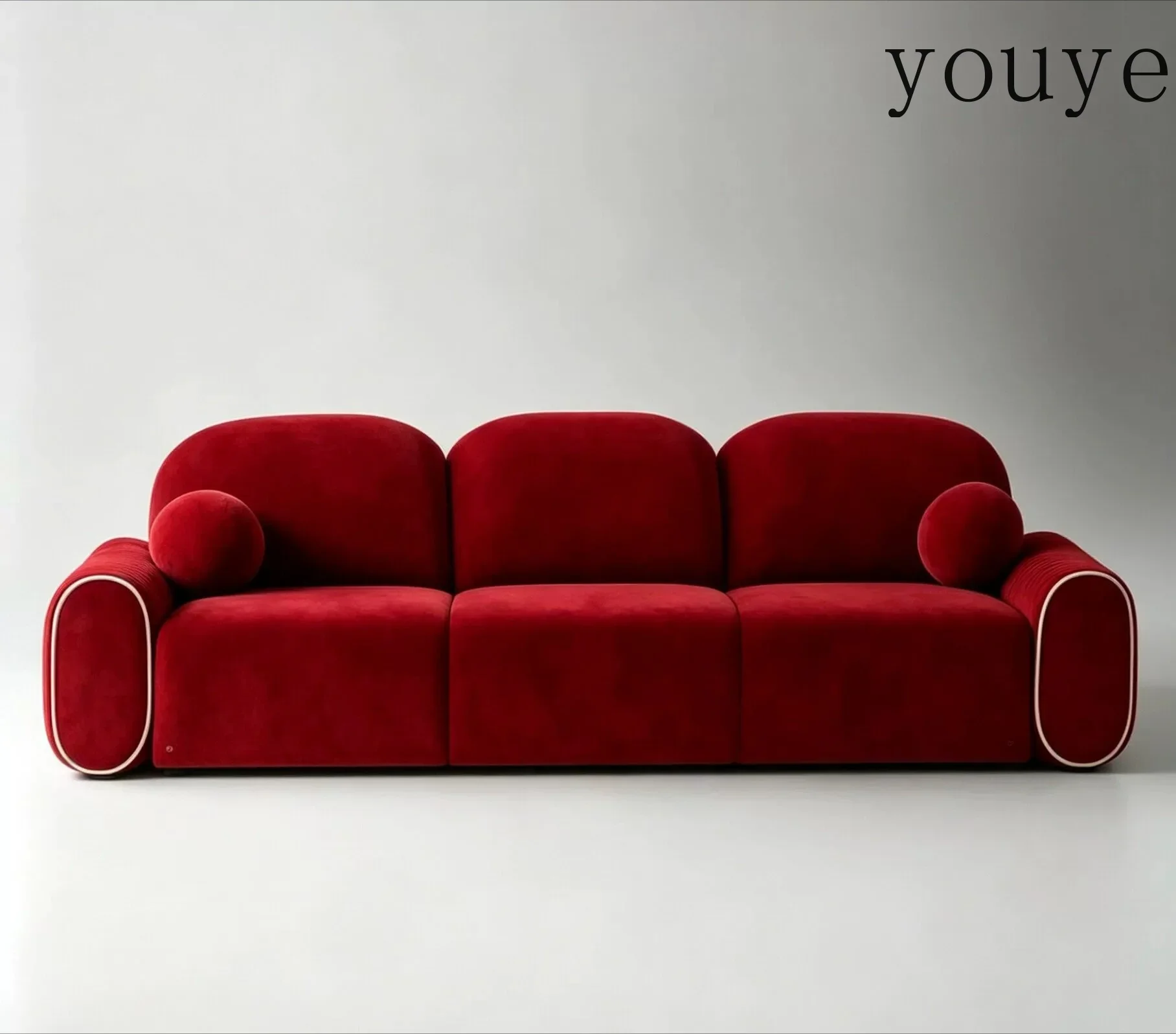 X3 French Retro Red Velvet Cloud Sofa Designer Pleated Armrest Contrasting Color Piping Living Room Straight Three-person Sofa