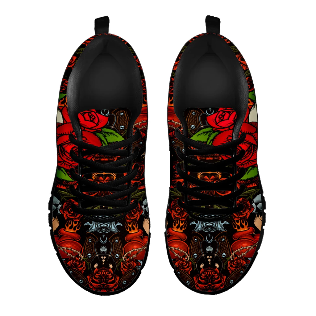 INSTANTARTS 3D Rose Skull Casual Sneakers For Women Sunflower Skull Walking Shoes Flower Print Breathable Tennis Shoes Zapatos