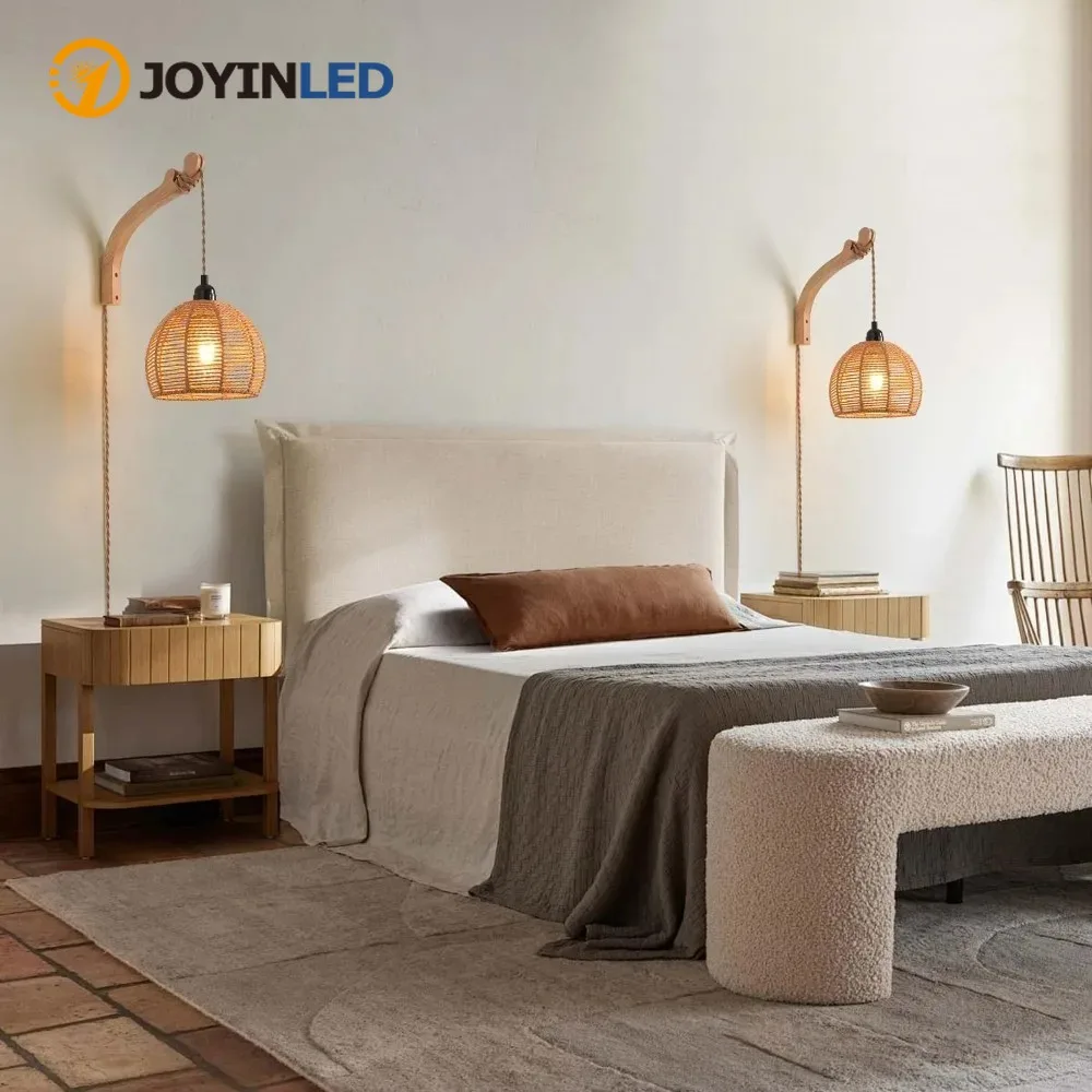 

JOYINLED Plug in Rattan Wall Sconces Boho Wall Lamp with Plug in Cord Farmhouse Light Fixtures with 3M On/Off Switch for Bedroom