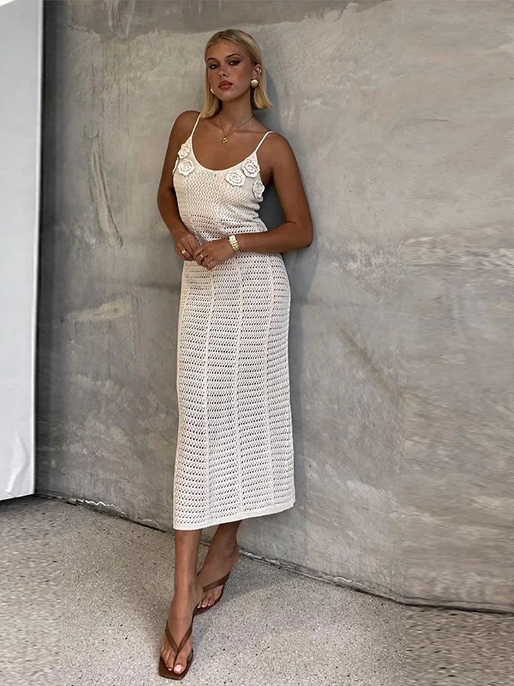 Abito lungo da spiaggia senza maniche in maglia con scollo a V trasparente sexy, decorazione floreale tridimensionale, abiti da festa da donna