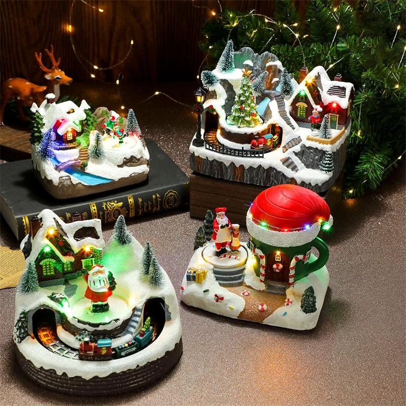 A variety Of Creative Christmas Rotating Resin Luminous Music Box Ornaments Rotating Small Train Decorations Christmas Gifts