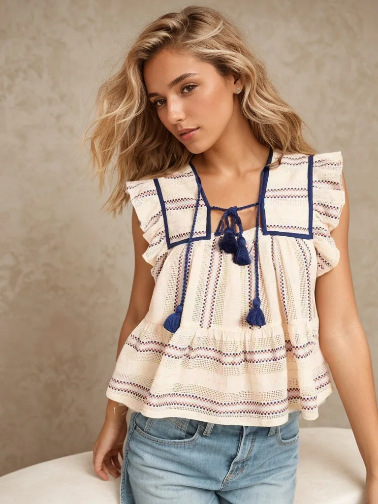 Color Blocking Loose Top with Cute Fly Sleeve Tie Up Design New Fashion for Summer 2024