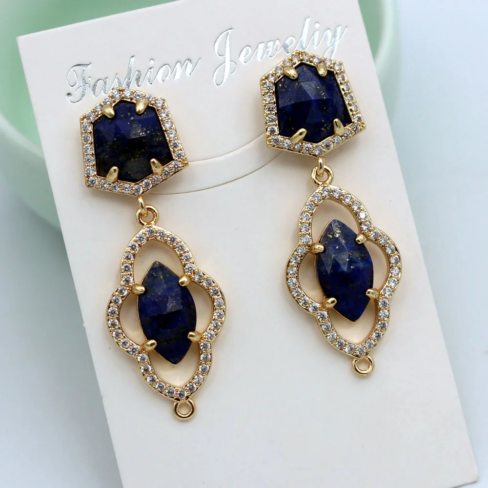 3pair Stud Earring Connectors CZ Marquise Shape Natural Amethyst Lapis Stone DIY for Women Hanging on Dangle Earrings Making