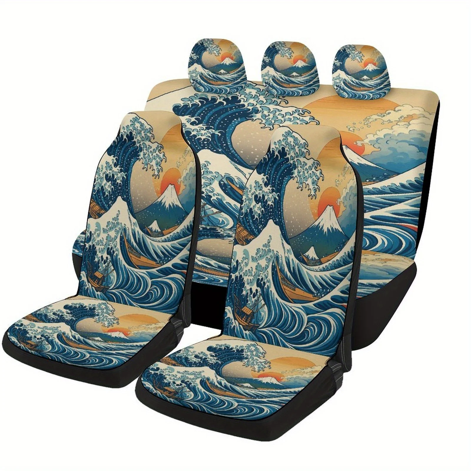 

Great Wave Themed Car Seat Cover Set - Vibrant Blue And White Wave Design With Sunset Mountain, Polyester Material, Universal Fi