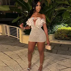 Rhinestone Feather Mini Dress Sexy Club Party Bodycon Fashion Evening Dresses Women 2023 Summer Elegant Luxury Black Dresses