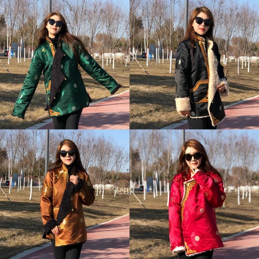 

Women's winter Tibetan neckline embroidered artificial wool warm and cold cotton jacket