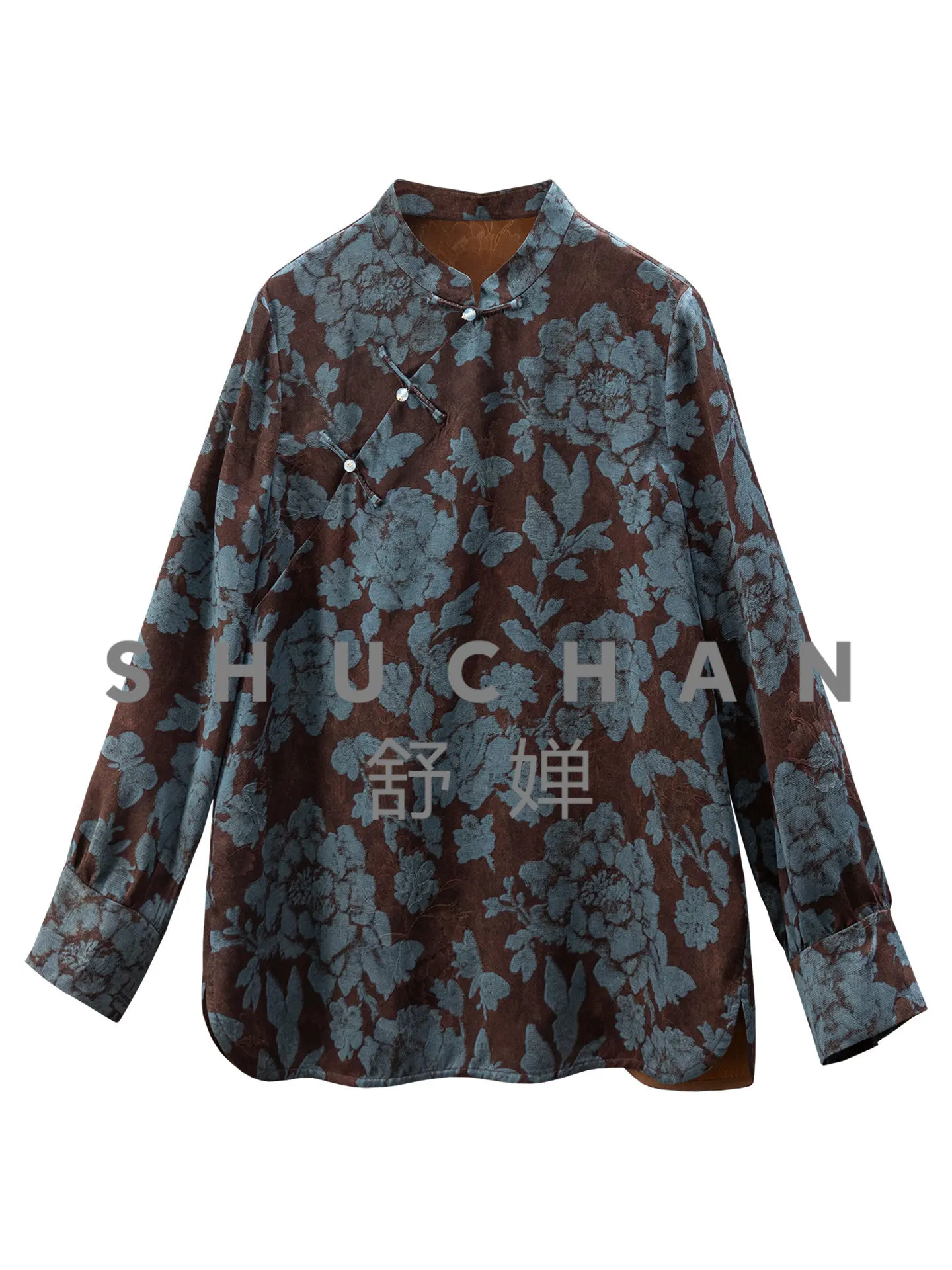 

Old Money New Chinese Heavy Silk Fragrant Cloud Yarn Jacquard Cheongsam Collar Shirt Women's 01W4