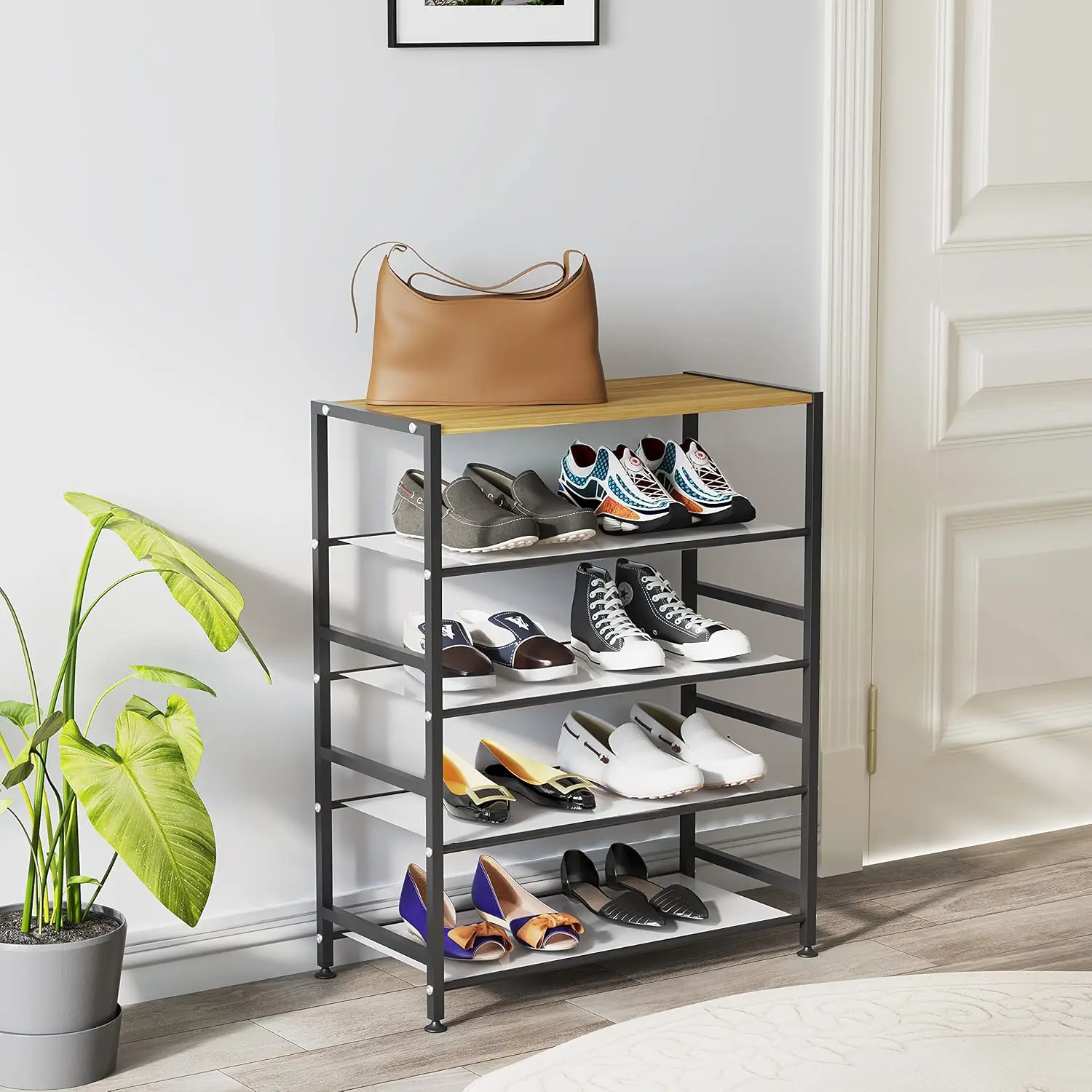 Shoe Rack,5-Tier Metal Shoe Rack with MDF Top Board and 4 Mesh Shelves,Modern Shoe Storage Organizer for Entryway,, Customized