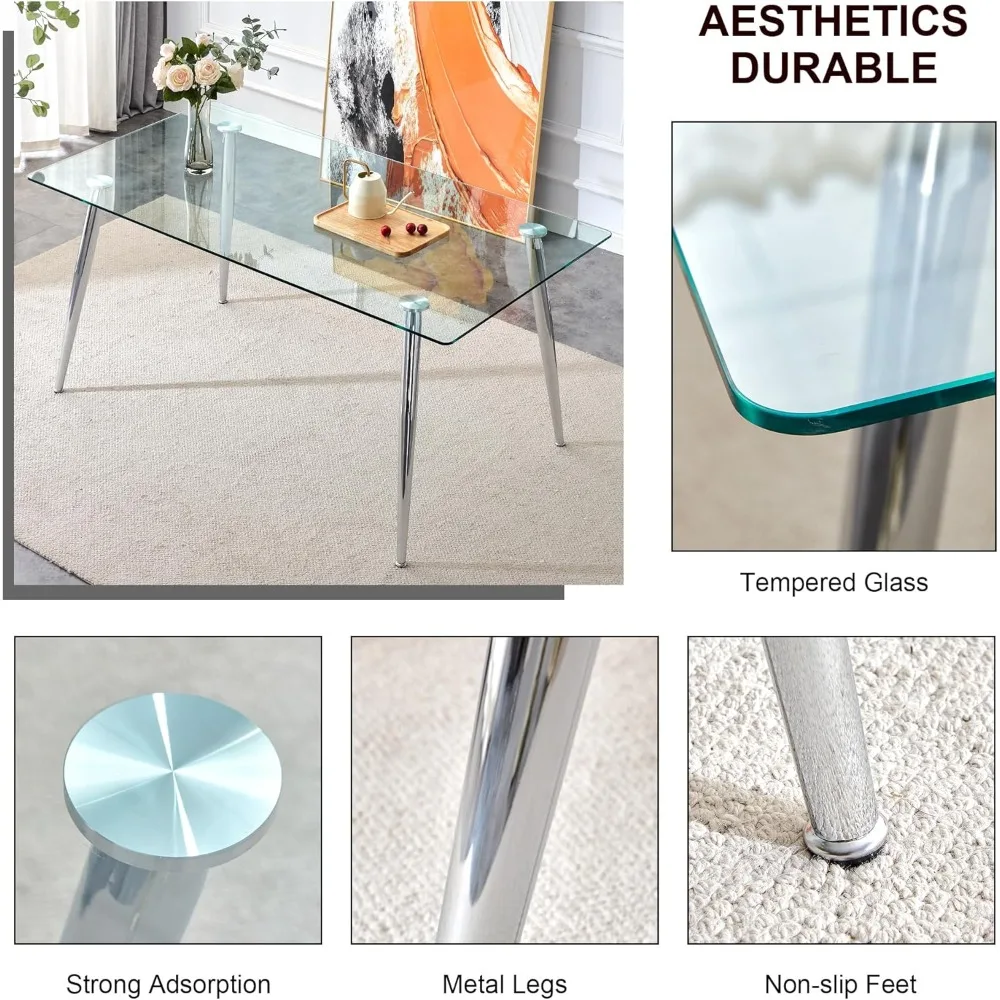 Glass Dining Table Set for 4, Modern Kitchen Table and Chairs Set for 4, 51" Glass Dining Room Table Set with PU Leather Chairs
