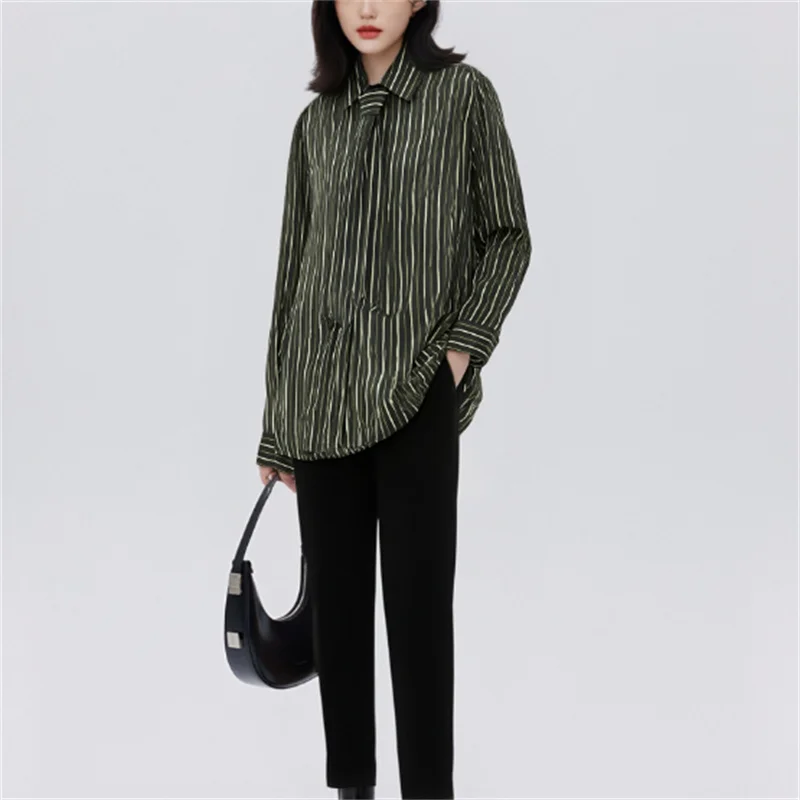 2025년 가을 패션 트렌디 섹시 여성 시리즈 드레이핑 스트라이프 타이 프론트 셔츠