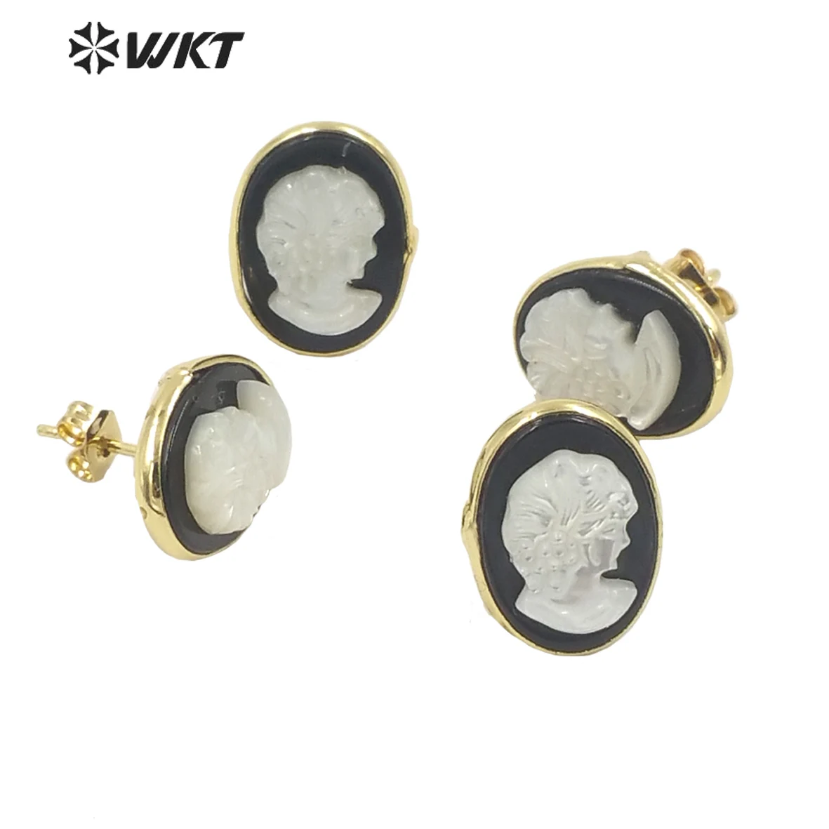 WT-MPE071 Amazing Mother Of Pearl Earrings Gorgeous Lady Head Carved Shell With Black Agates Gold Edged Women Jewelry Gift